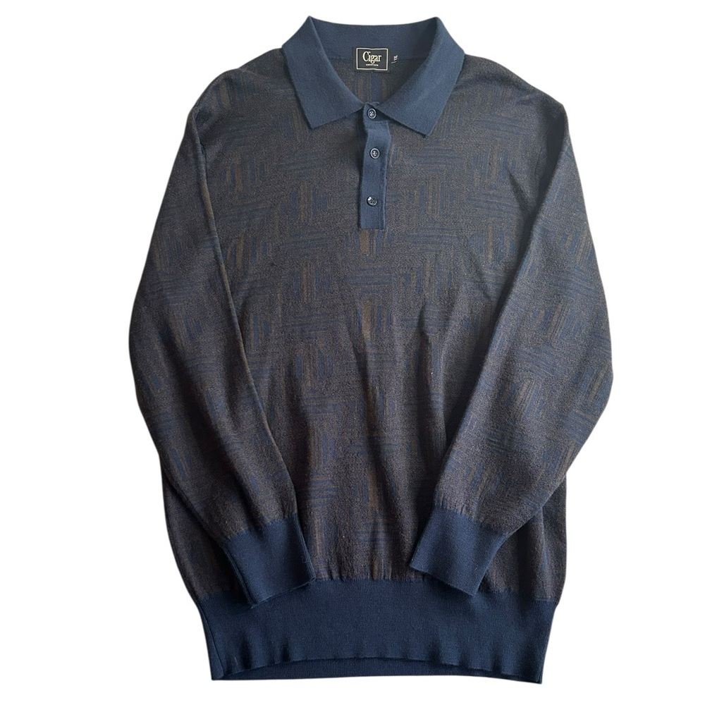 Cigar‎ Couture XXL Polo Sweater Knit Long Sleeve Shirt Navy Blue Brown Geometric